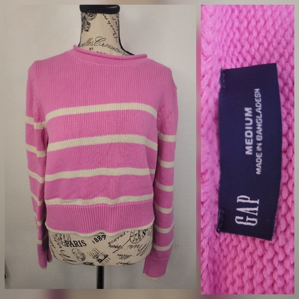 Gap Roll Neck Sweater Women Sz Medium Pink White Stripes Nautical Coastal